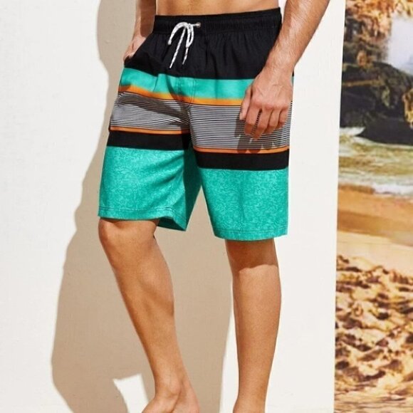 Blue Vacation Style Men's Color Block Striped Swim Trunks - Picture 3 of 5